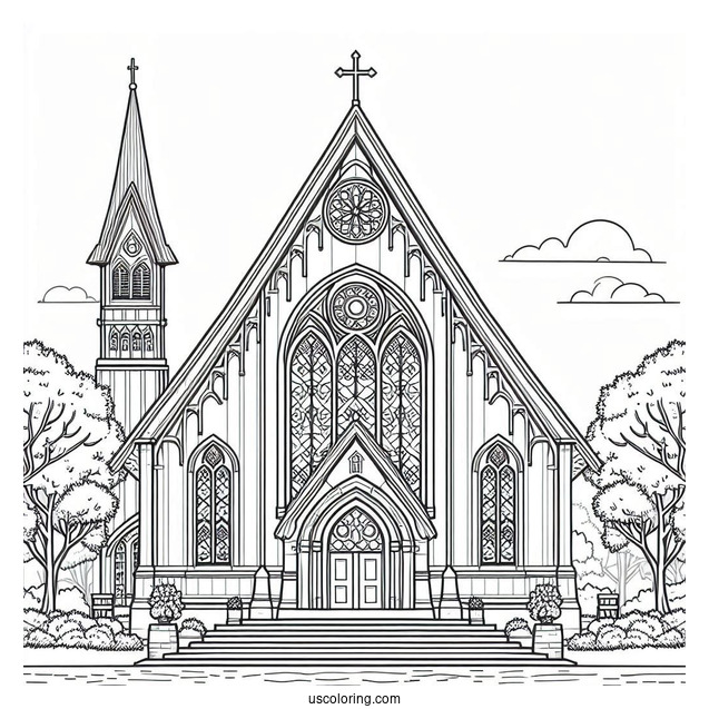 Church Coloring Page With Stained Glass Windows