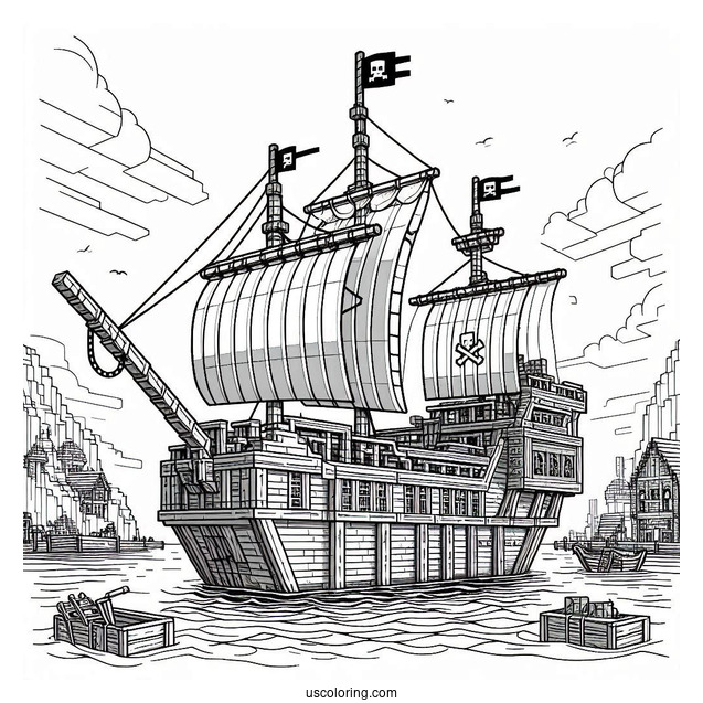 Minecraft Pirate Ship Coloring Page Docked At The Port