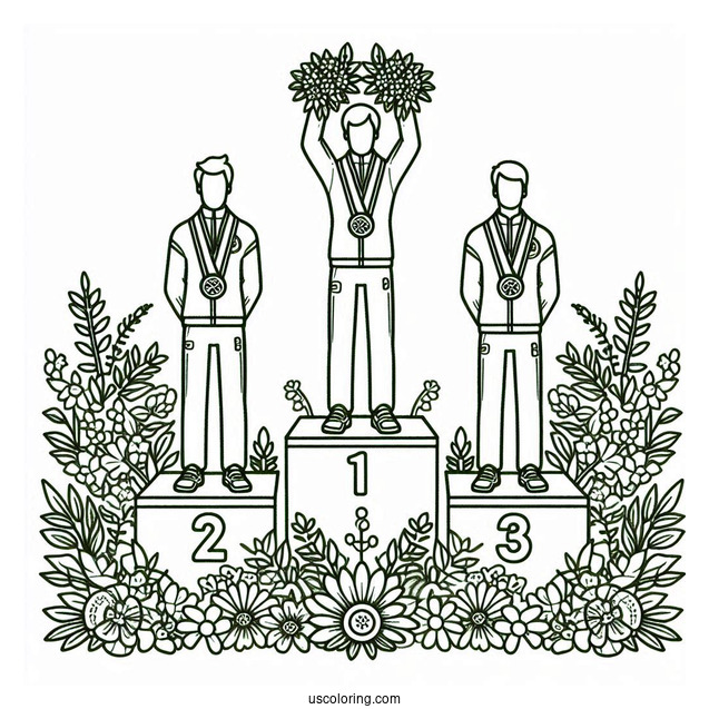 Olympics Coloring Page Of Athletes On Tri Level Podium With Medals And Flowers