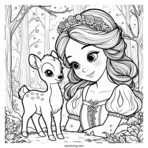 Snow White In Forest With Baby Deer To Color