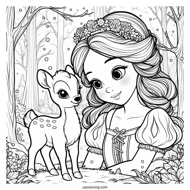 Snow White In Forest With Baby Deer To Color