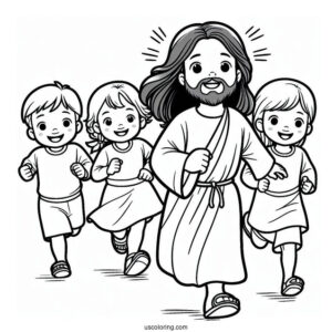 Kids Running To Jesus Coloring Page