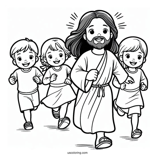 Kids Running To Jesus Coloring Page