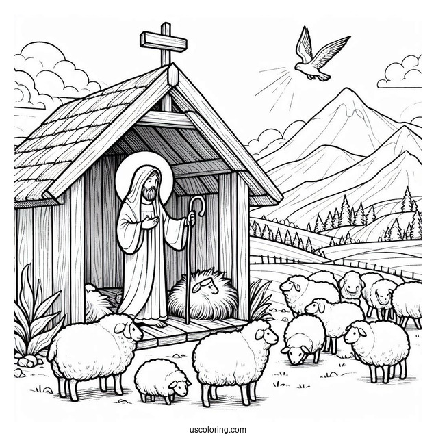 Nativity Coloring Page of Jesus In a Stable And Sheep