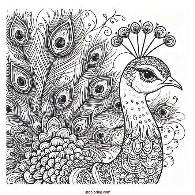 Full Page Peacock Coloring Page Close Up With Large Ornate Tail Feathers