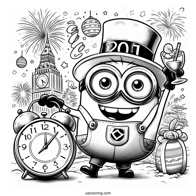 Cute Minion Waving While The Clock Strikes Twelve On New Year Coloring Page