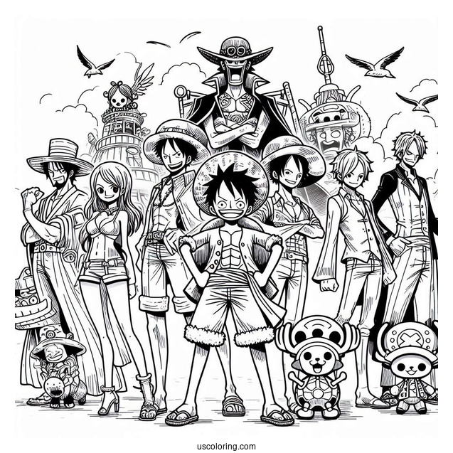One Piece Coloring Page Of Luffy, Nami, Robin, Sanji, Zoro, Franky, Chopper, Brook, And Usopp