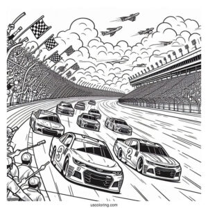NASCAR Coloring Page Race Cars On Track With Crowd In Background