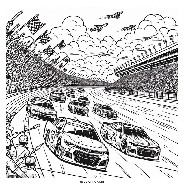 NASCAR Coloring Page Race Cars On Track With Crowd In Background