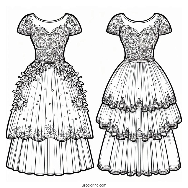 Wedding Dress Coloring Page With Short Sleeves And Tiered Tulle Tail