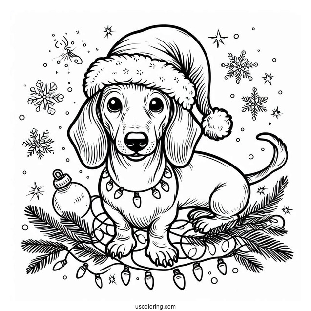 Dachshund Coloring Page In Santa Hat And Christmas Lights