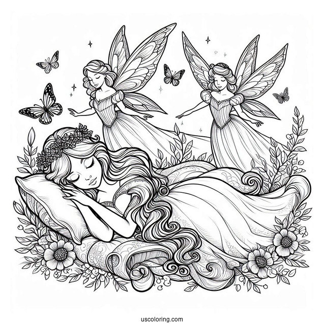 Sleeping Beauty With The Three Fairies Coloring Page