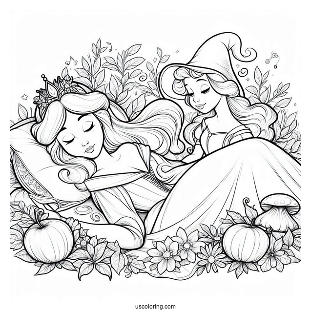 Sleeping Beauty Coloring Page Of Fairy Godmothers Flora, Fauna, And Merryweather Beside Sleeping Beauty
