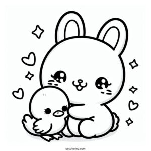 Kawaii Rabbit Hugging A Duckling Coloring Page