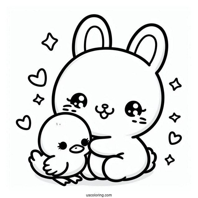 Kawaii Rabbit Hugging A Duckling Coloring Page
