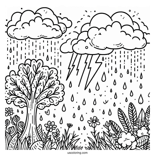 Rain Coloring Page Of Rainclouds With Lightning