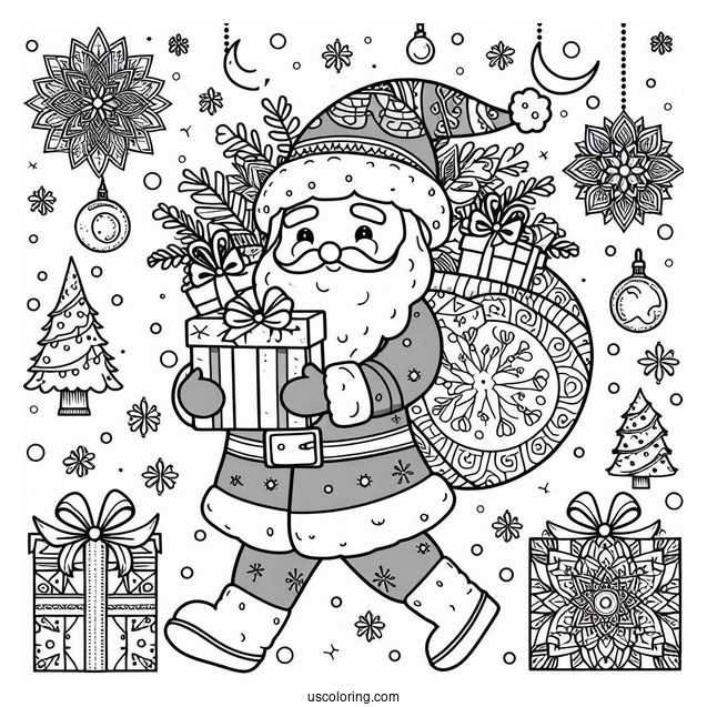 Santa Claus Carrying Presents Christmas Mandala Coloring Page For Kids