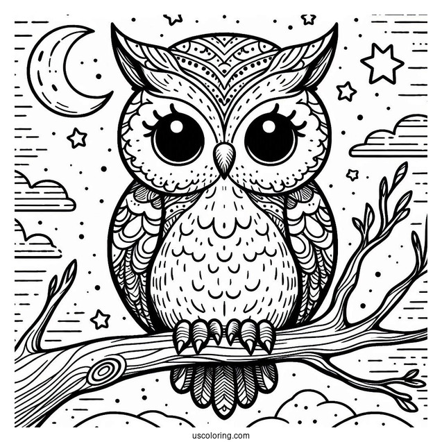 Cute Owl Sitting In Tree During Night