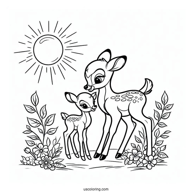Simple Coloring Sheet Of Bambi And Mother Under The Sun