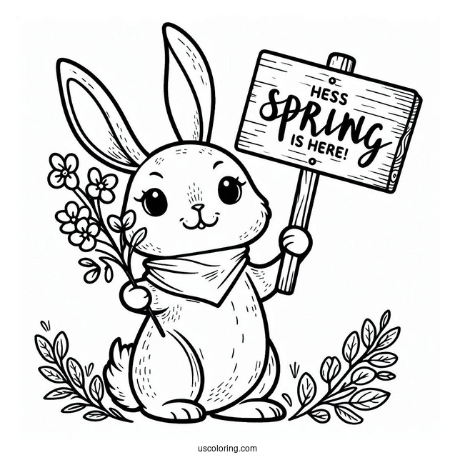 Rabbit Holding A Spring Is Here Sign Coloring Sheet