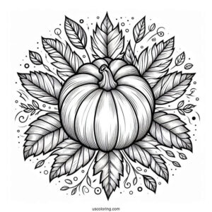 Top Of A Pumpkin Coloring Page Surrounded By Fall Leaves