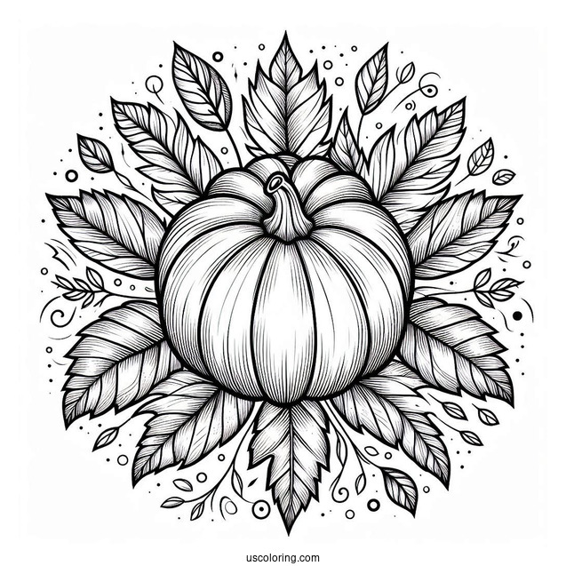 Top Of A Pumpkin Coloring Page Surrounded By Fall Leaves