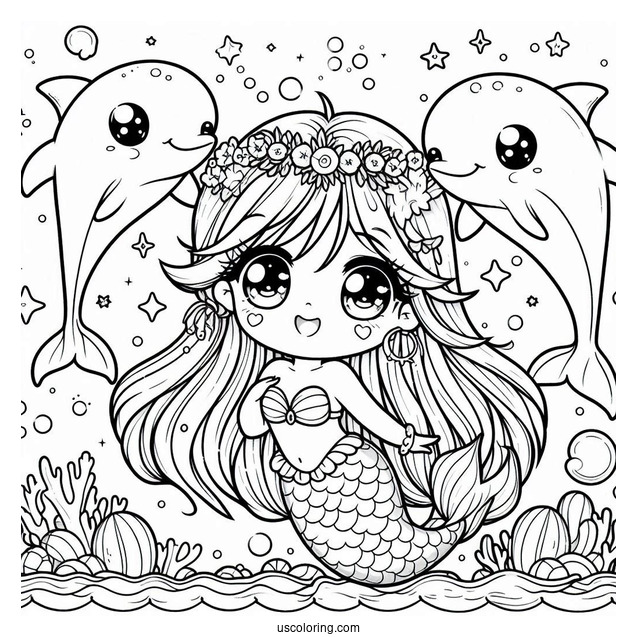 Magical Chibi Coloring Page Mermaid Swimming with Dolphins Under the Sea