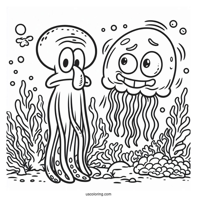 Jellyfish Scaring Squidward Coloring Page