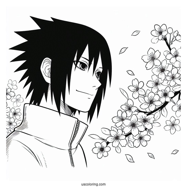 Uchiha Sasuke Coloring Page Smiling At Cherry Blossoms