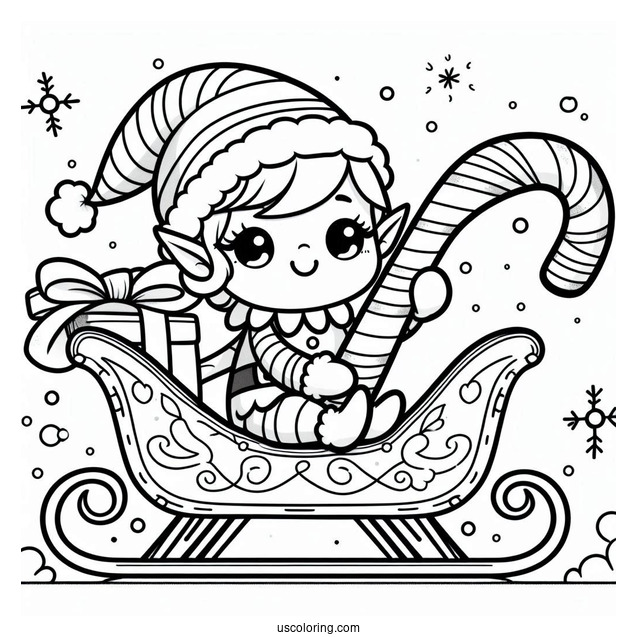 Cute Elf Riding Candy Cane Sleigh