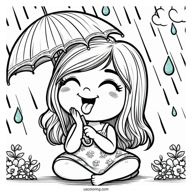 Little Girl Sticking Tongue Out To Catch Rain Coloring Page