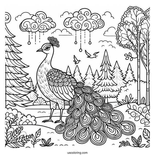 Majestic Peacock Coloring Page in Forest Landscape with Trees and Clouds