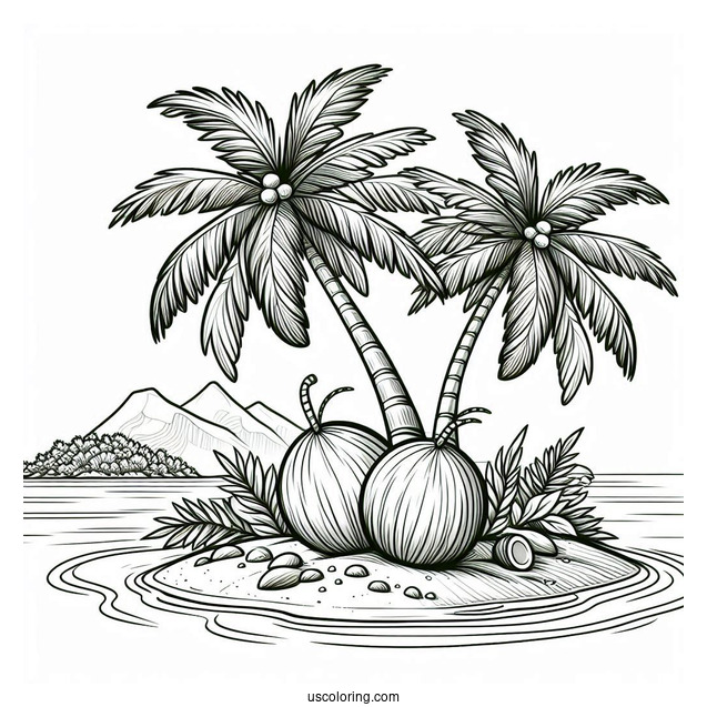 Two Large Coconut Coloring Page Trees On An Island
