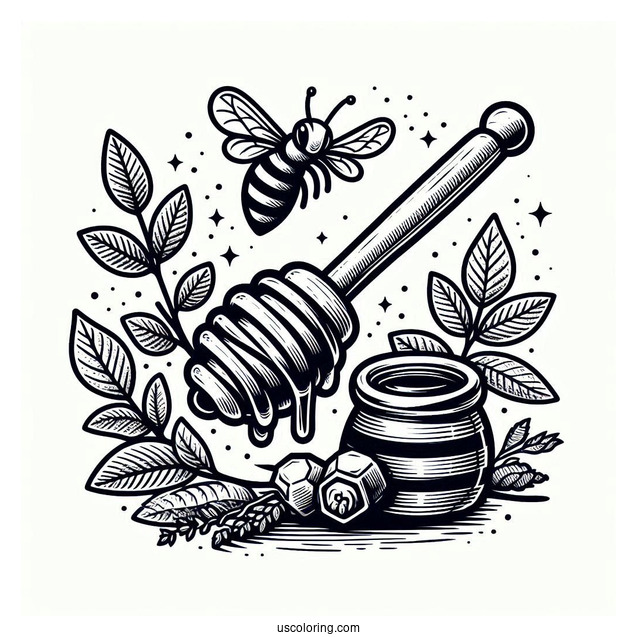 Honey Dipper Dripping With Honey And Surrounded By Bee Coloring Page