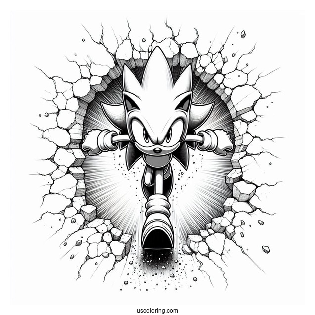 Realistic Super Sonic Coloring Page Breaking Through Wall