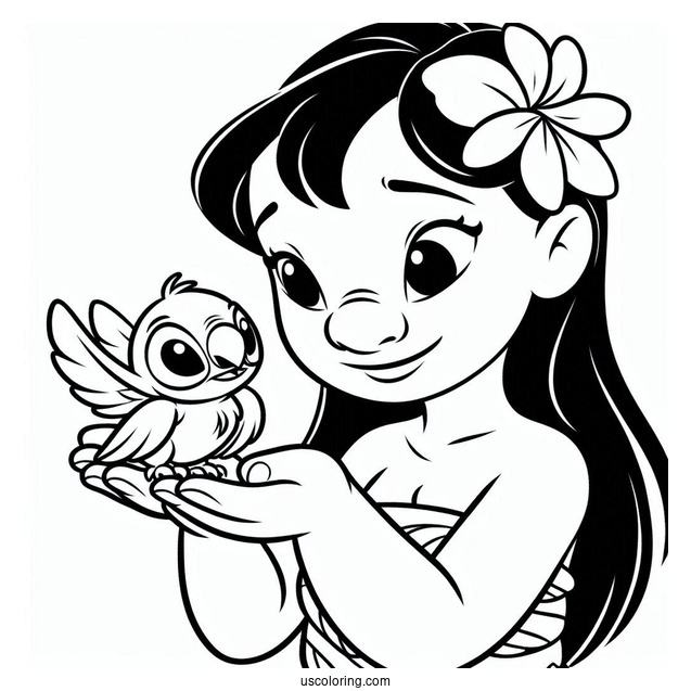 Lilo Holding a Baby Bird Coloring Page