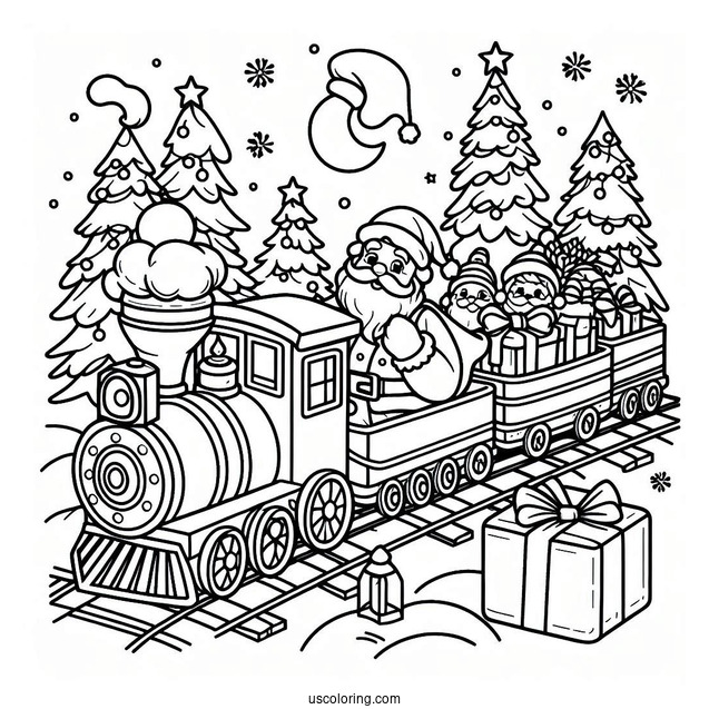 Coloring Page Of a Christmas Train With Santa
