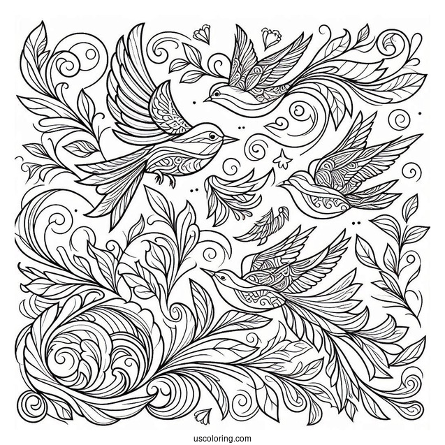 Majestic Nature With Birds Pattern Coloring Page