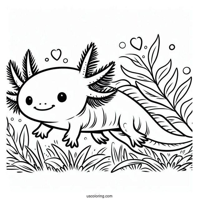 Cheerful Axolotl Coloring Page Swimming Through Weeds