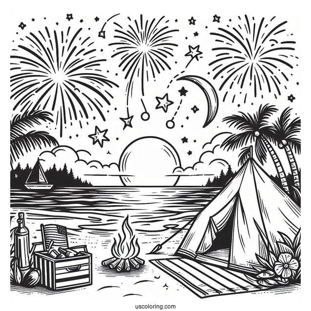 Summer Coloring Page Of Beach Camping With Fireworks In The Sky