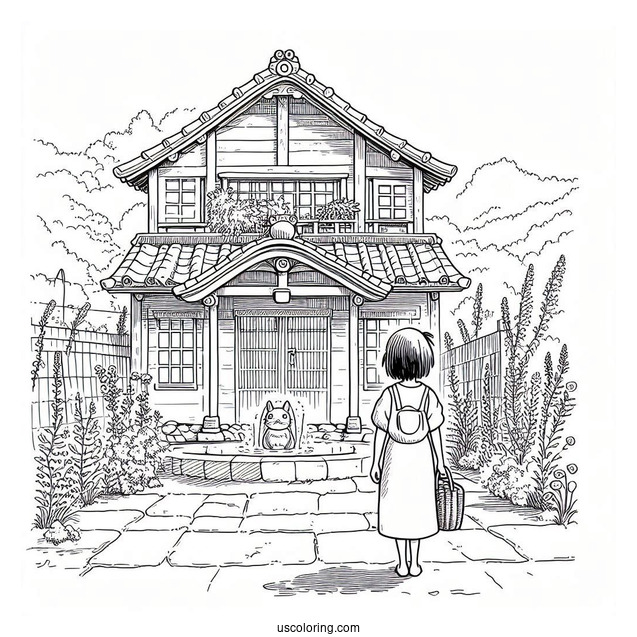 Studio Ghibli Coloring Page of Chihiro Standing In Front Of Bath House