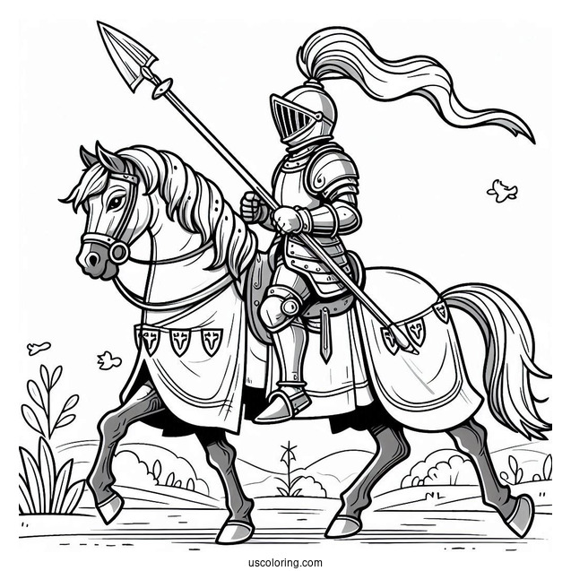 Coloring Sheet Of Knight With Lance On A Horse
