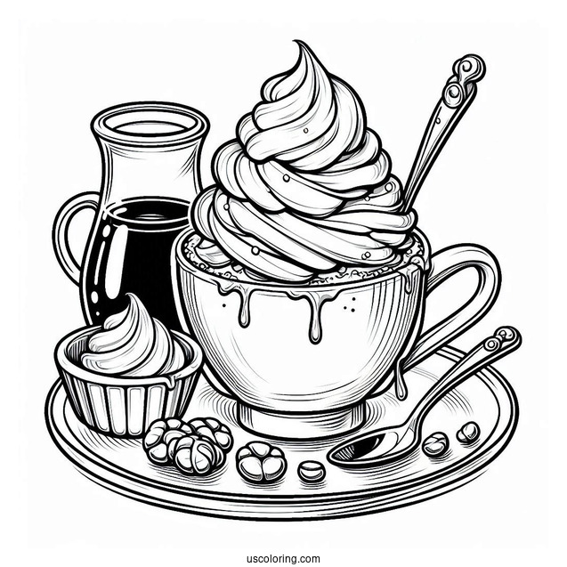 Coffee Coloring Pages With Whipped Cream And Syrup In Cute Cup