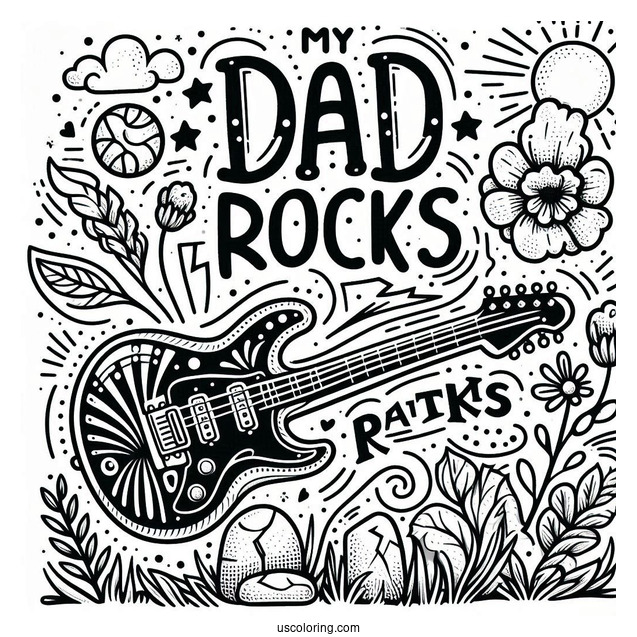 Father's Day Coloring Page Of My Dad Rocks Text With Electric Guitar