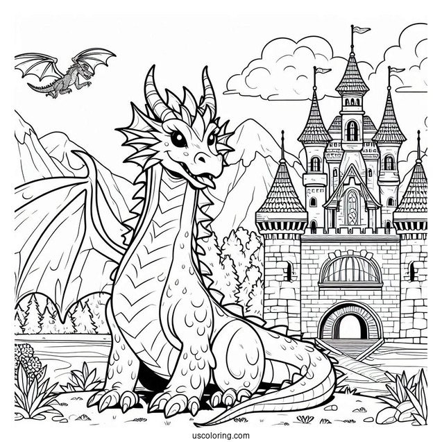 Coloring Sheet Of Dragon Next To Castle For Preschoolers