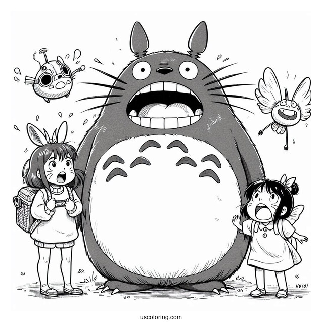 Studio Ghibli Coloring Page of Totoro, Catbus, Mei, And Satsuki Screaming