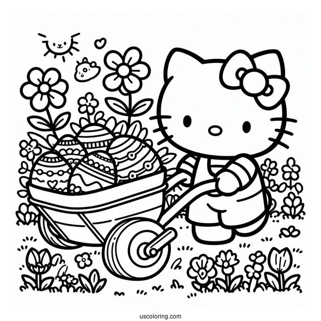 Easter Coloring Page Of Hello Kitty Pulling Wheelbarrow Filled With Easter Eggs For Kids