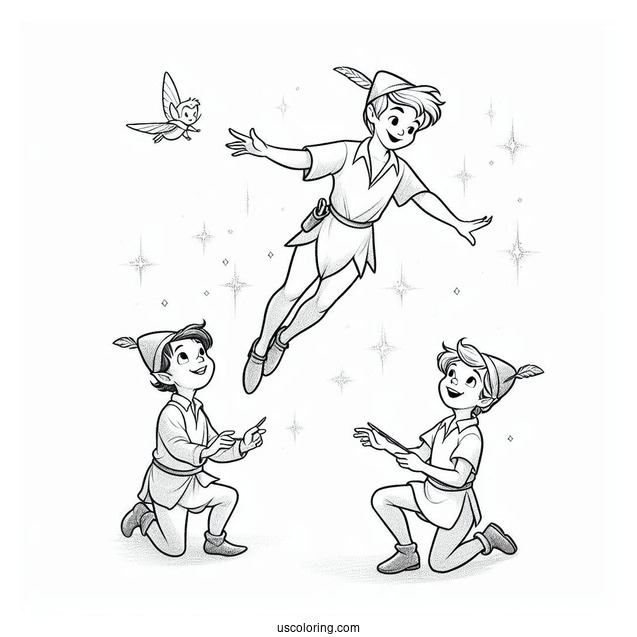 Peter Pan Teaching Wendy, John, And Michael To Fly