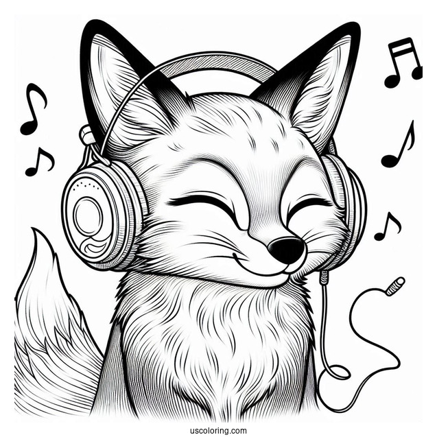 Fox Listening To Music With His Headphones Coloring Sheet