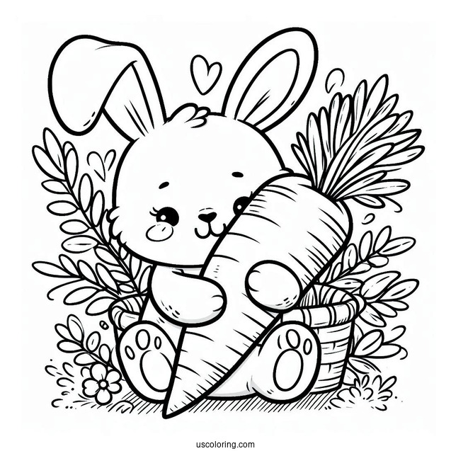 Cute Easter Coloring Page Of Bunny Hugging A Carrot For Preschoolers